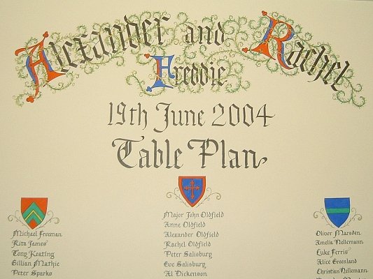 A framed wedding table plan on a theme of Heraldry with each group of table